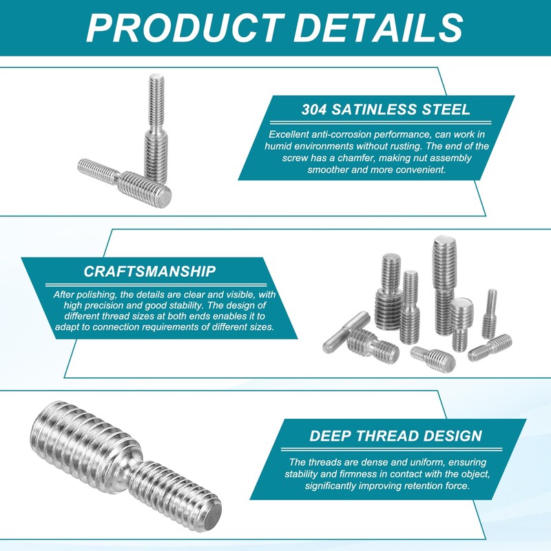 PATIKIL M10x15 to M12x15 Double End Threaded Stud Screw Bolt,