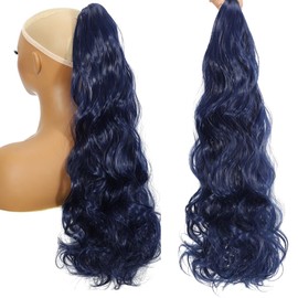 HENSLEELY Long Curly PonyTail Hair Extensions 22Inch Dark Blue Claw Wavy Ponytail Extension for Women Fluffy Synthetic Clip in Hairpiece for Daily Use(22Inch,Dark Blue)