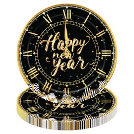 Heyiminy 24Pcs New Year Plates Disposable Black and Gold Paper Plates,7Inche Round Happy New Year Dinner Dessert Plates for 2025 New Years Eve Party Celebration Supplies Decorations