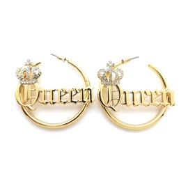 Sassy, Sexy, Boss, Mob, Queen Word Statement Bamboo Style 3.0 inches Pincatch Hoop Earring in Gold Tone (Queen/Gold Plain Style)