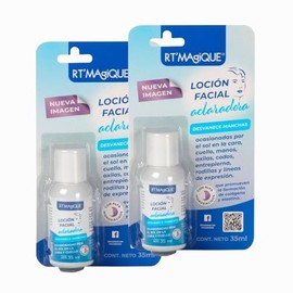 RT MAGIQUE | Loción Aclarante 2 piezas | Aclarador de piel | Despigmentante facial con Ácido Láctico y Glicólico | Uso Nocturno | Quita manchas para piel por Sol y Acné | Aclarador de axilas, Cara, Cuello, Rodillas y Más (35 ML)