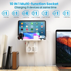 PD20W Steckdose mit Schalter, 3-Fach Mehrfachsteckdose Wandmontage mit PD 20W und QC18W Schnellladung,6 USB C Wand Steckdosenleiste mit Handyhalterung und Ladegerät Doppelstecker für Steckdose,Weiß