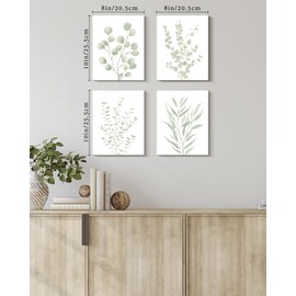 Drsoum Botanical Plant Framed Wall Art Boho Wall Decor for Bathroom Sage Green Eucalyptus Leaf Prints Minimalist Aesthetic Ready to Hang Set of 4, 8x10 in (Framed)