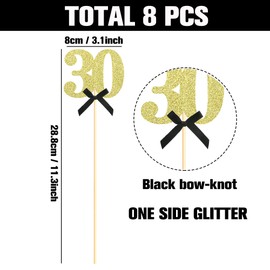 Sotpot 8 pcs Gold Glitter 30th Birthday Centerpiece Sticks, Number 30 with Bow Centerpieces Table Flower Topper for Man Woman 30th Birthday Anniversary Table Party Decorations