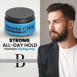 B BELÏZ Strong Hold Matte Clay Pomade – No Shine Hair Styling Clay for Men – Water-Based & Easy to Wash Out – Texturizing & Volumizing for All Hair Types – 3.38 Oz