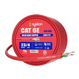 Syston Cable Technology Cat 6E Ethernet Network Cable - 30 FT, 600 MHz 23 AWG Solid Bare Copper Wire Outdoor/Indoor, Bulk No Ends 10 Ft to 1000 Ft Available, Heat Resistant Riser Rated - CMR