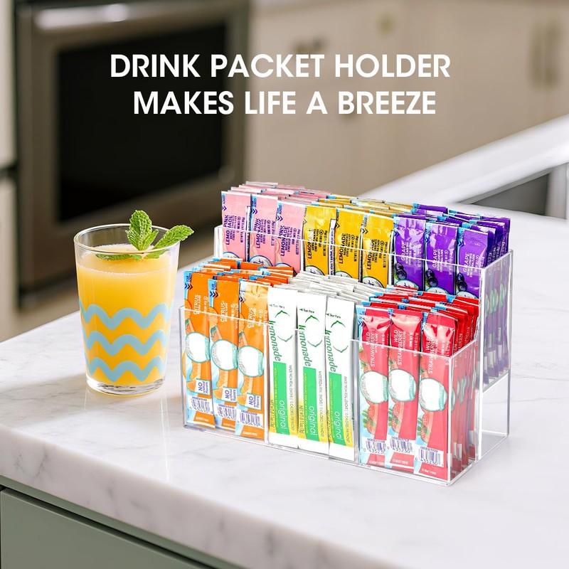 AIEVE Drink Packet Organizer, 2-Tier Water Flavor Packet Holder for