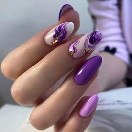 Medium Press on Nails Almond Fake Nails Purple False Nails with Design Gold Foil Stick on Nails Ombre Acrylic Nails Full Cover Glue on Nails Reusable Artificial Nails for Women 24Pcs