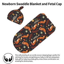 Newborn Swaddle Blanket Foxes and Flowers Baby Sleep Sack with Beanie Set Soft Stretch Adjustable Wraps Receiving Blankets for Infant Boy Girl
