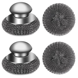 2 Pcs Stainless Steel Wool Scrubber Set with Handle, Includes 2 Replacement Scrubber Pads, Perfect for Cleaning Iron Pots, Stoves, Grills, and Sinks, Durable Metal Scourer for Tough Messes