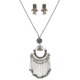 Indian Antique Silver Oxidized Afghani Banjara Gypsy Boho Ethnic Bead Meenakari Enamel Choker Necklace Earrings Jewelry, 19 cm, Metal, No Gemstone