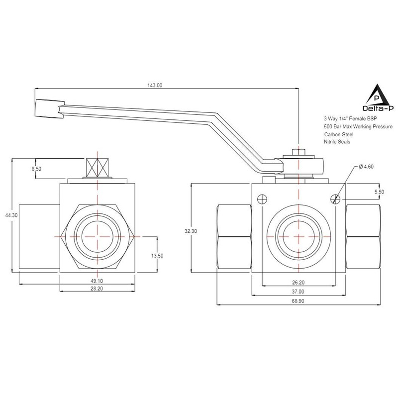 3 Way Hydraulic Ball Valve 1/4" BSP Threads with Mounting