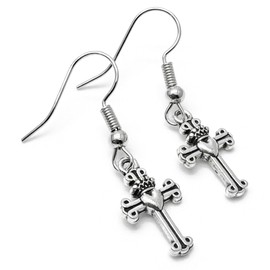 Cross Charm Earrings, Tibetan Silver Faith Charms with Hearts on Nickel Free Hooks : 34mm long, Gift for Women, Ornate Christian Drop Earrings
