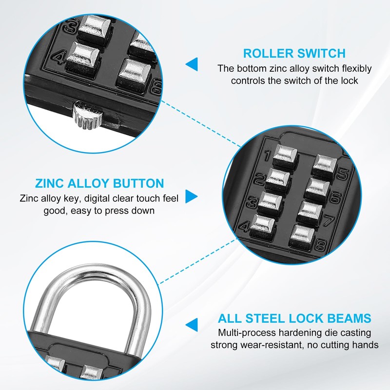 sourcing map Combination Padlock, 8-Digit Push Button Padlock 4-Position Locking