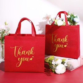 Sweetude 30 Pcs Thank You Gift Bags with Handles Bulk Reusable Goodie Bag Non Woven Foldable Bag for School Graduation Wedding Bridesmaid Gifts(Red, 11 x 12 x 5 Inch)