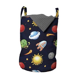 Ambesonne Space Laundry Bag, Cartoon Style Cosmos Themed Illustration Sun with Stars Planets and Space Rocket, Hamper Basket with Handles Drawstring Closure for Laundromats, 13" x 19", Multicolor