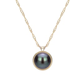 14K Yellow Gold 9-9.5mm Dyed-black Freshwater Cultured Pearl Bezel Design Pendant Necklace, 18"