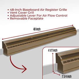 Fits 48-Inch Baseboard Space | Baseboard Air Register Grille | 48" External Length Vent Cover Grill | Adjustable Lever for Air Flow Control | Removable Faceplate | Brown