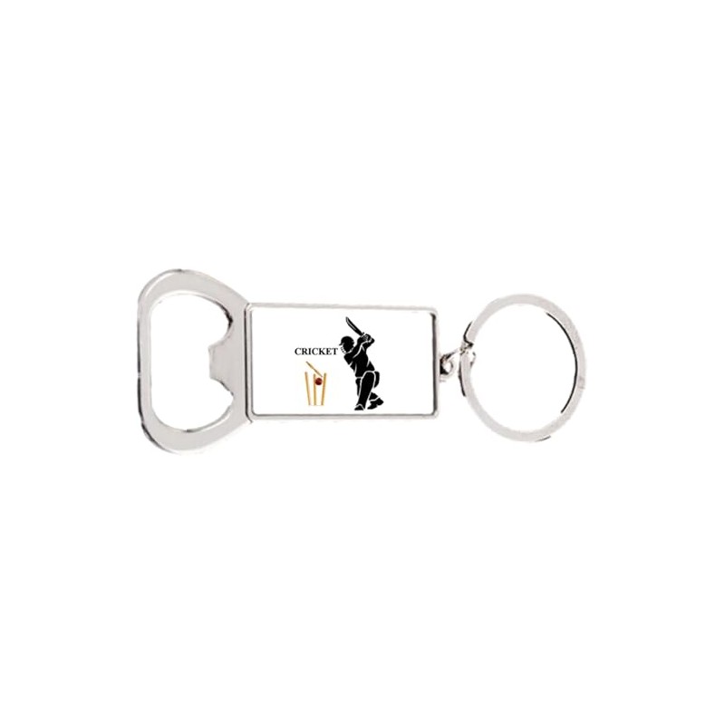 Cricket Stumps Bat Sport Rectangle Bottle Opener Metal Keyring and