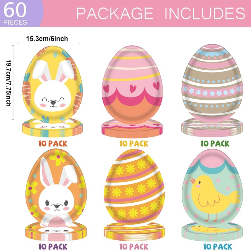 60pcs Easter Party Paper Plates,7inch Egg-Shaped Plates Easter Bunny Kids
