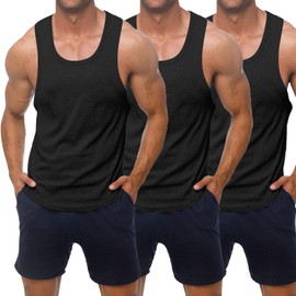KAWATA Men's 3 Pack Dry Fit Workout Tank Top Gym Muscle Tee Fitness Bodybuilding Sleeveless T Shirts Black/Black/Black