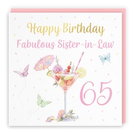 Hunts England - 65th Sister In Law Pink Cocktail And Butterflies Birthday Card - Luxury Gold Foil - Milo's Gallery - Age 65 Drinks Elegant Birthday Card For Sister-in-Law