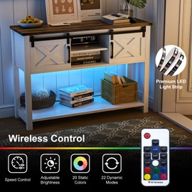 HXBOAUVS Farmhouse Entryway Table with LED Light, Sofa Table with Sliding Barn Door, Adjustable Open Shelves, 46" Rustic Console Table with Storage, Antique White Hallway for Living Room Bedroom