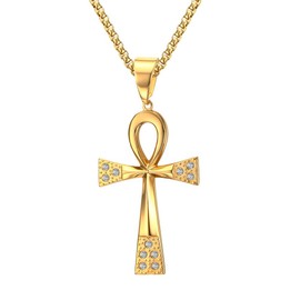 HUANIAN Stainless Steel Egyptian Ankh Cross Pendant Necklace for Men Women,Free Chain, 23.6",2 Colors, Leather Stainless Steel