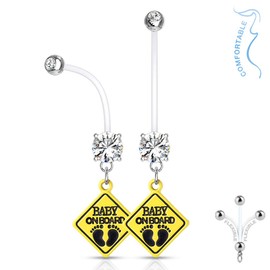 Autiga® Pregnancy Piercing Bio Flex Flexible Plastic Can Be Shortened Baby on Board Zirconia Crystal Belly Button Piercing, Plastic