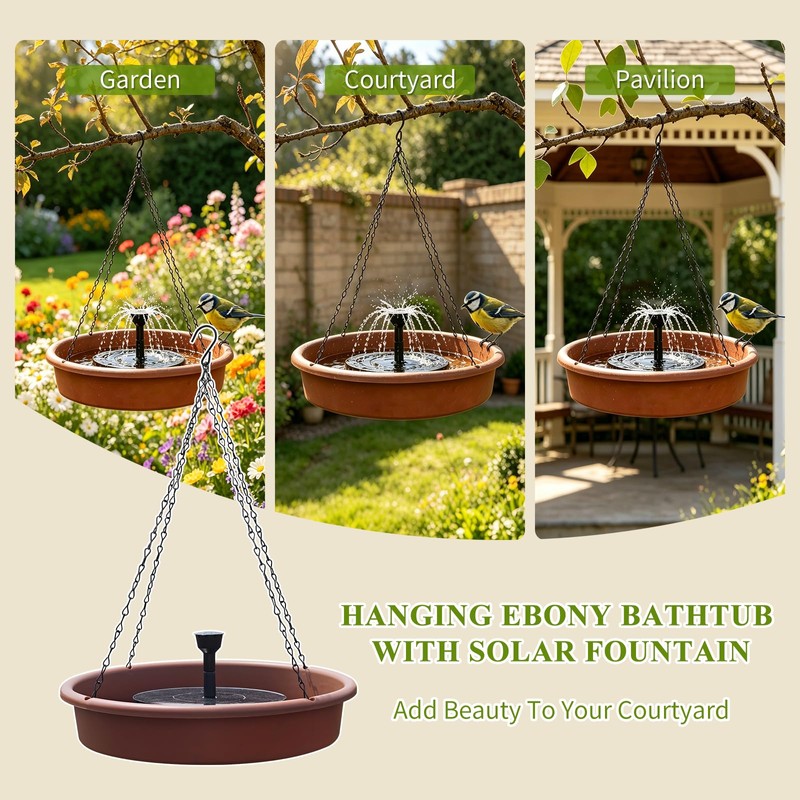 12 Inch Hanging Solar Bird Bath Fountain, Brown Outdoor Garden