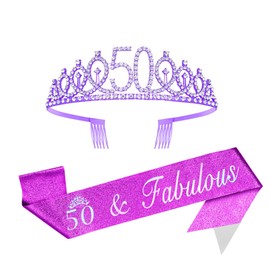 Ardusnpe 50th Birthday Crown and Sash for Women, Purple, Baroque Style, Alloy and Rhinestone, Female, 50th Birthday Celebrants