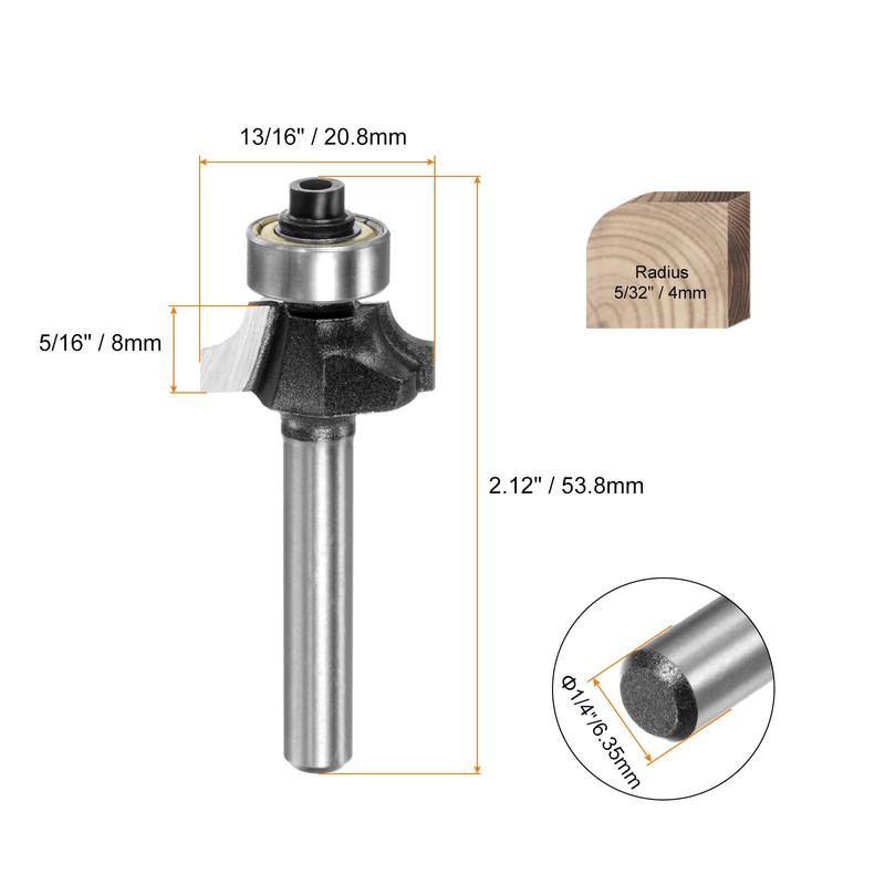 sourcing map Roundover Router Bit 1/4 Shank 5/32" Radius Carbide