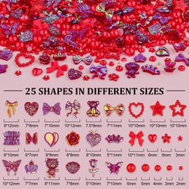 120 PCS 3D Nail Charms Butterfly Bow Star Heart Bear Shiny Jewels with 3D Flowers and Flat Pearls, Over 300 PCS Cute Charms in Total with Pickup Tools for Nail Art Decoration(Red)