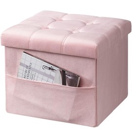 VewePata Storage Ottoman Foot Stool, Folding Ottoman with Storage, Velvet Storage Bench with Side Pocket, Foot Rest for Living Room, Bedroom, 17x13x13in, Pink
