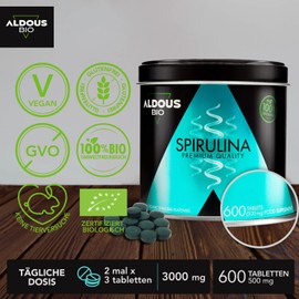 Spirulina Organic Tablets - 600 Pellets (500 mg) Pure Spirulina Organic Algae - High Dose | 100% Organic & Vegan Protein | Detox | Antioxidants | Certified Organic | Plastic Free | Made in EU
