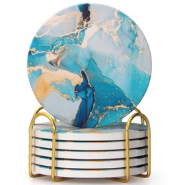 6 Pcs Light Blue Marble Abstract Ceramic Coasters with Holder Best Round Drink Absorbent Coasters for Desk, Lounge, Coffee, Wine, Beverage, Dining Table Decor, Bar Coaster Set