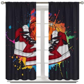 Graffiti Basketball Shoes Curtains, Modern Retro Colorful Graffiti Art Basketball Sneakers Black Background Print Rod Pocket Window Treatments Drapes for Boys Teens Bedroom Living Room 42x45in