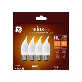 (4 Bulbs) GE 48263 Relax LED CAM Chandelier Decorative Bulbs, Bent tip, Medium Base, Dimmable, HD Light, 40 watt Equivalent, Comfortable Soft White Light, Frosted Finish