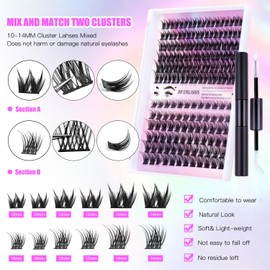 RoseFlower DIY Lash Extension Kit, 126pcs 10-14mm C Curl Fluffy and Thick Lashes Clusters Natural False Eyelash Extensions Kits with Mascara Brush Bond Seal Lashs Applicators Tweezers