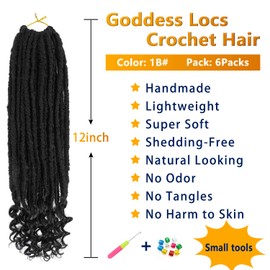 Goddess Locs Crochet Hair 6 Packs 12 Inch Straight Faux Locs Crochet Hair for Black Women, Crochet Pre-Looped Curly Hair Soft Faux Locs Synthetic Braiding Hair Extensions (12 Inch, 6 Packs, 1B#)