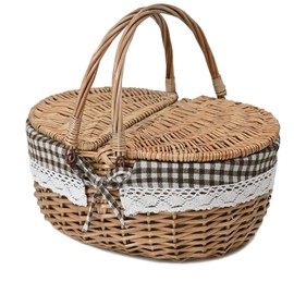 Wicker Picnic Basket with Lid and Handle Sturdy Woven Body with Washable Lining,Coffee Grids