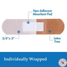 Adhesive Fabric Bandage Strips, 3/4" x 3", Sterile, Box of 100-2 Boxes