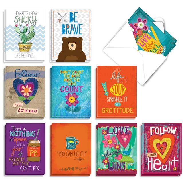 Encouraging Words - 20 Assorted Note Cards with Envelopes (4 x 5.12 Inch) - Inspirational Boxed Stationery Notecards - Friendship, Motivational Greetings for Kids (10 Designs, 2 Each) AM7165FRG-B2x10