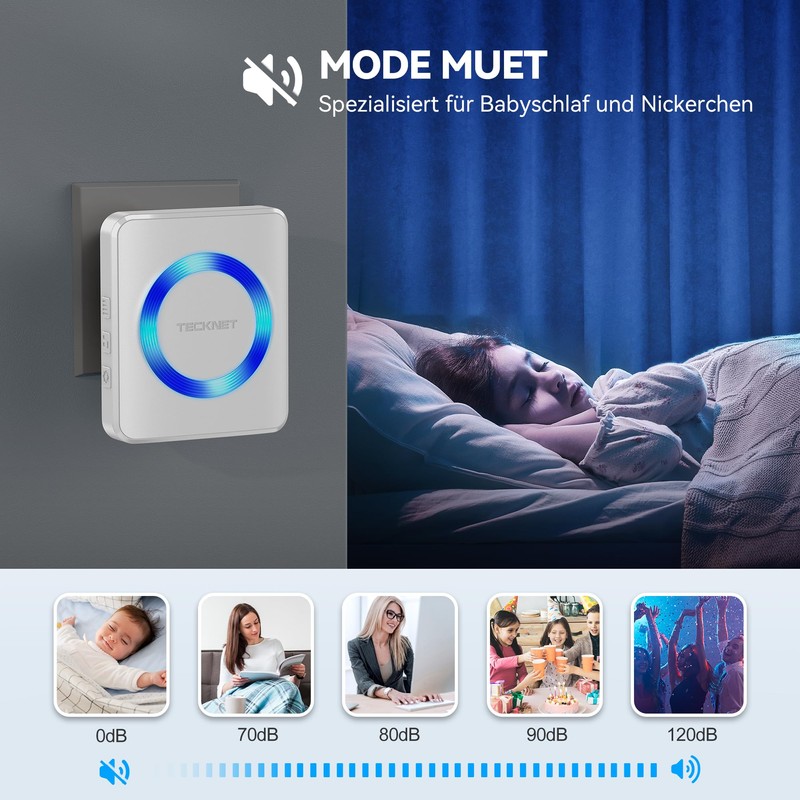 TECKNET Wireless Doorbell, Wireless Doorbell Set, 400 m Range, IP65