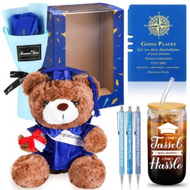 Vinsot Graduation Gifts Set Class of 2025 Graduation Stuffed Bear with Soap Artificial Flower 16 Oz Glass Bottle Inspirational Notebook and 3 Ballpoint Pens Graduation Gifts for Her Him(Blue)