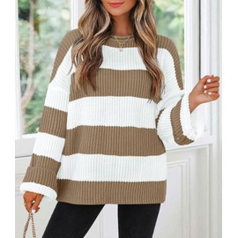 ZESICA Women's Fall Long Sleeve Crew Neck Striped Color Block Comfy Loose Oversized Knitted Pullover Sweater,LightKhaki,Medium