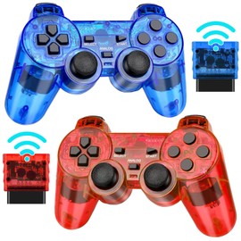 GamingBoy Wireless Controller for PS2, 2 Pack 2.4G Dual Vibration Gamepad Joystick Compatible for Play station 2, Ps-2 Game Remote with Wireless Receivers （Clear Red and Clear Blue）