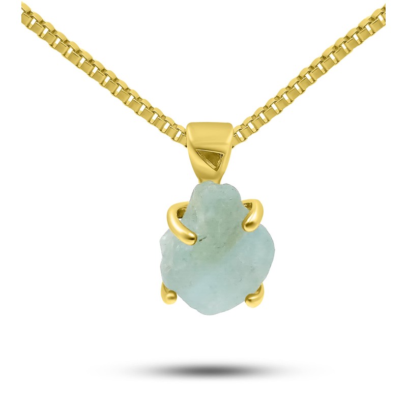 Genuine Raw Aquamarine necklace, with 925 sterling silver yellow gold
