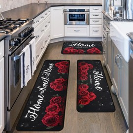 mnccshwuo Red Floral Kitchen Mat Set of 3, Red and Black Kitchen Rugs Non-Skid Washable Kitchen Mats for Kitchen Sink Floor, Farmhouse Rose Kitchen Decor and Accessories Floral Kitchen Rug