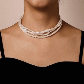 Aneneiceera Vintage Layered Pearl Choker Necklace 3 Strand Pearl Necklace Irregular Pearl Chain Necklace Multi Layer White Collar Necklace Chain Jewelry for Women